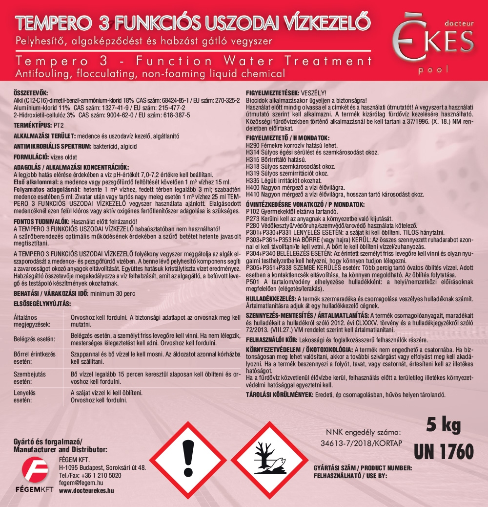 Tempero 3 funkciós uszodai vízkezelő Docteur Ékes 5 kg