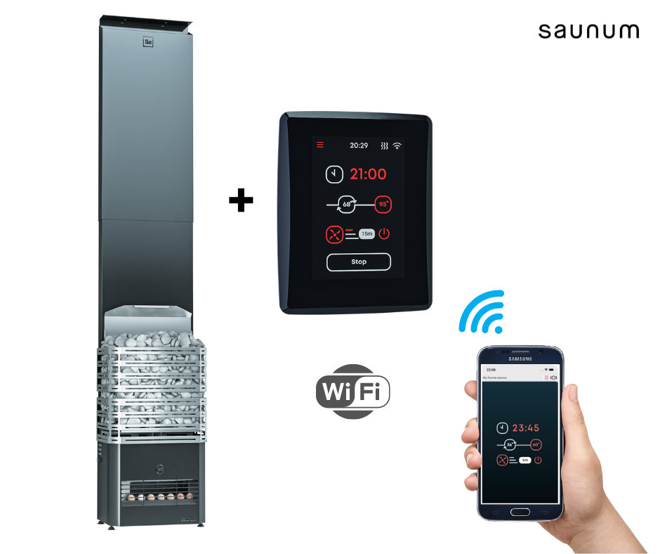 Saunum Primary 4,5 kW szaunakályha és szauna klíma Saunum Leil Wifi vezérlőegységgel mobil applikációval