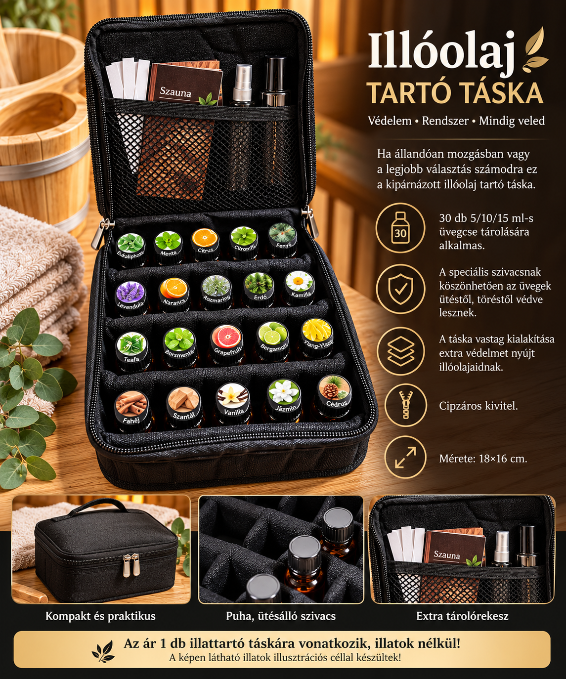 Illóolaj tároló táska - 30 db-os fekete, vastag textil