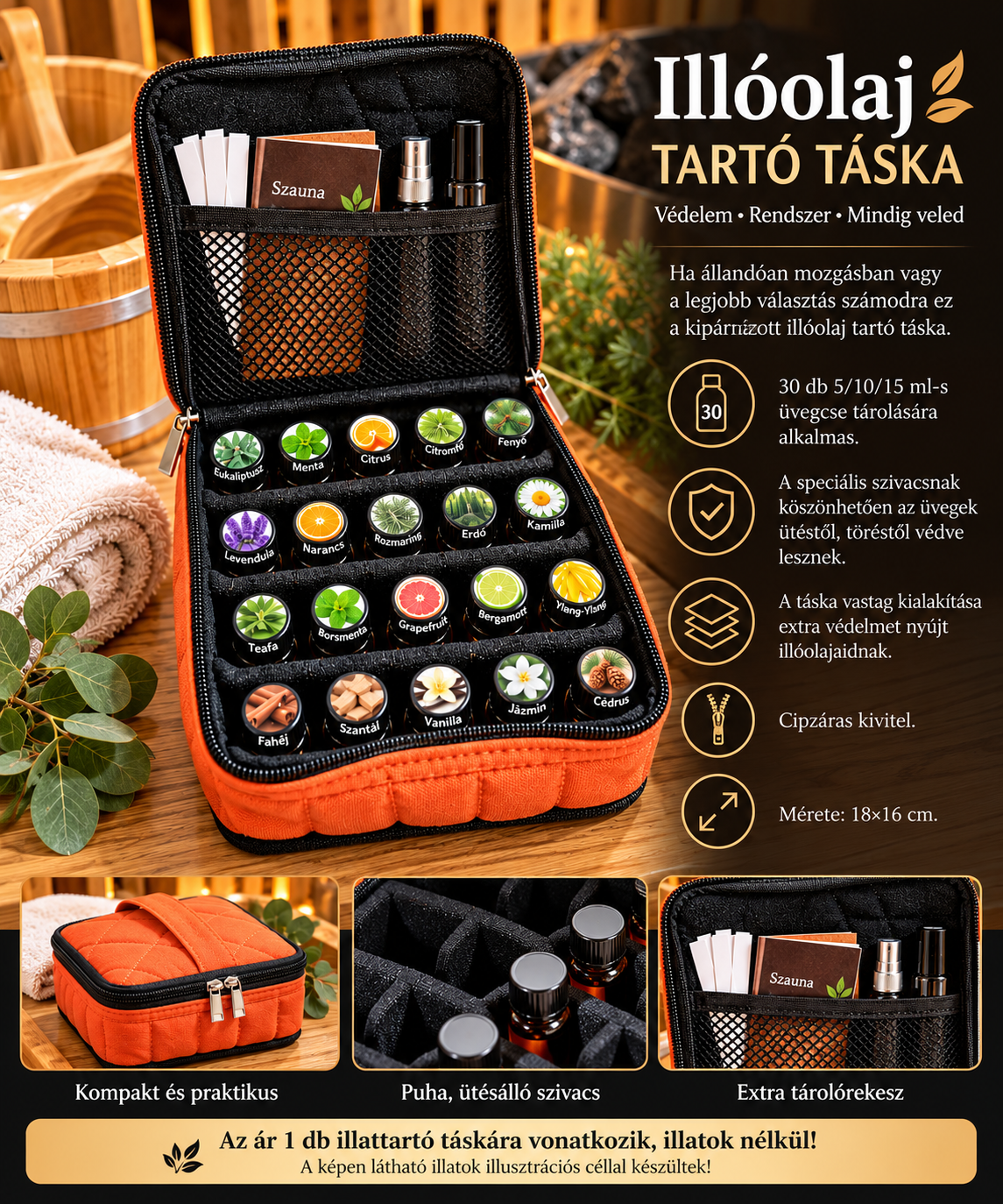 Illóolaj tároló táska - 30 db-os narancs, vastag textil