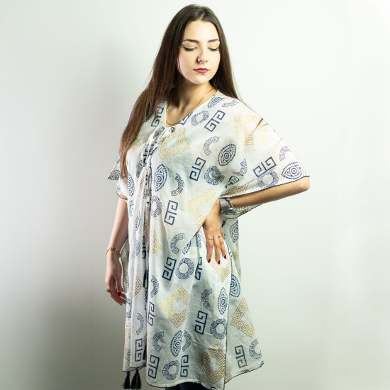 Nomád Sari Kaftán - Arany és Kék Kézi Festésű Görög Minta 90x100cm-AW Nomád Sari Kaftán - Arany és Kék Kézi Festésű Görög Minta 90x100cm-AW