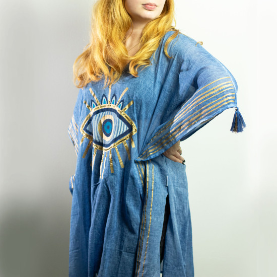 Nomád Sari Kaftán - Kék és Arany Kézi Festésű Evil Eye Design 90x100cm-AW Nomád Sari Kaftán - Kék és Arany Kézi Festésű Evil Eye Design 90x100cm-AW