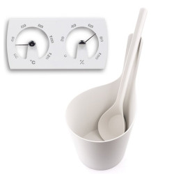Fehér szaunavödör, szaunakanál, pára és hőmérő - Rento