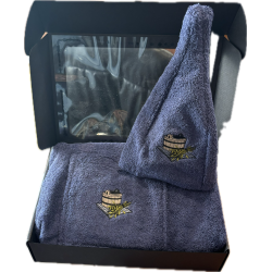 Kék frottír férfi szaunaszoknya és szauansapka szett díszdobozban