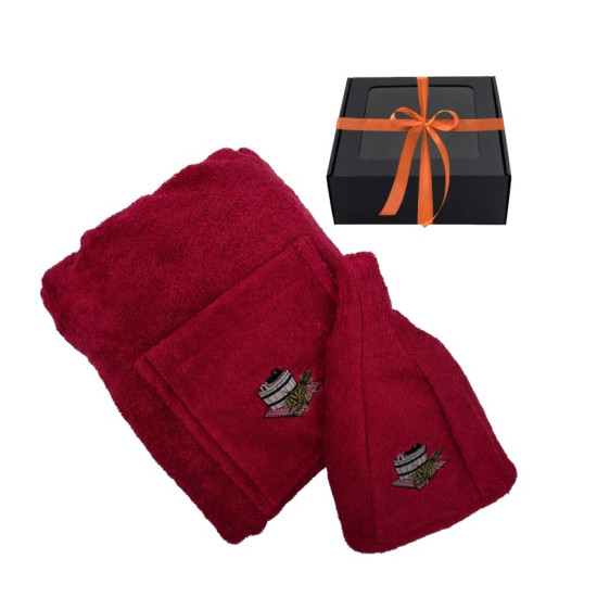 Bordó női szaunaszoknya és szauansapka szett díszbodozban