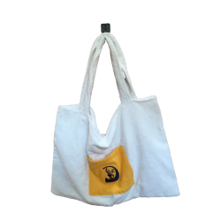 Frottír szauna táska fehér színben, sárga zsebbel, hímzett Szauna Club logóval