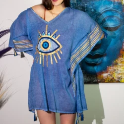 Nomád Sari Kaftán - Kék és Arany Kézi Festésű Evil Eye Design 90x100cm-AW