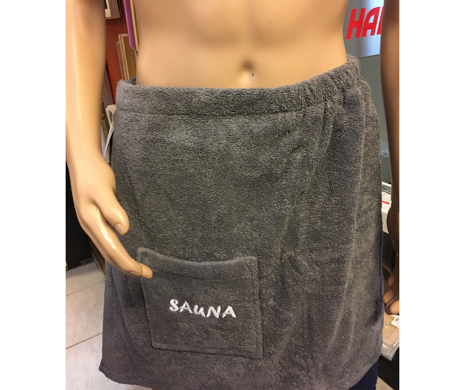 Szürke férfi szaunaszoknya "sauna" felirattal 100% pamutból patentos kivitelben