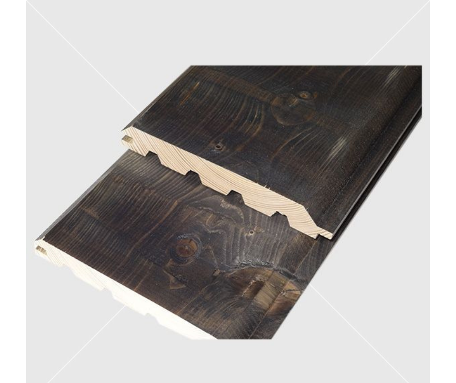 AURE finn festett szaunalambéria 28x195 mm, faragott gerenda profil lucfenyőből készült, fekete (füstös szauna), ár/m2
