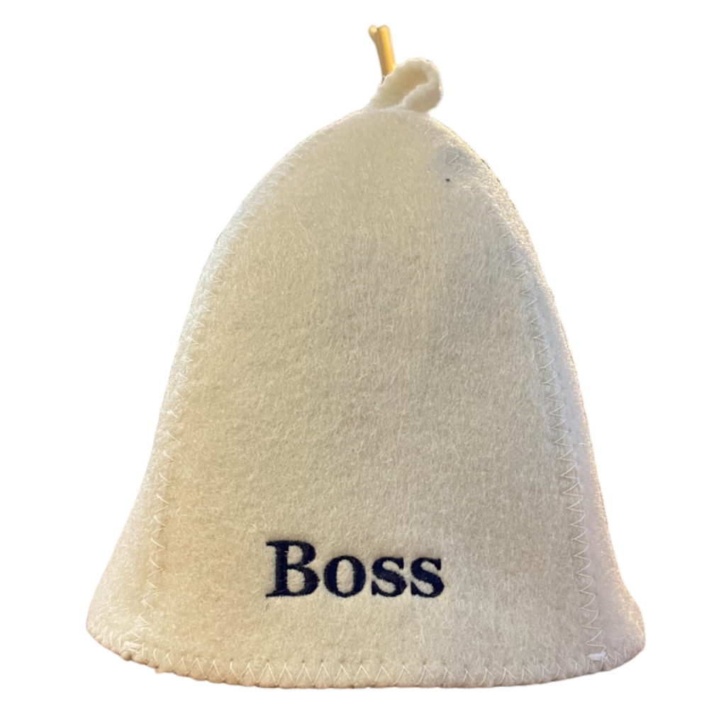 Fehér filc szaunasapka Boss felirattal